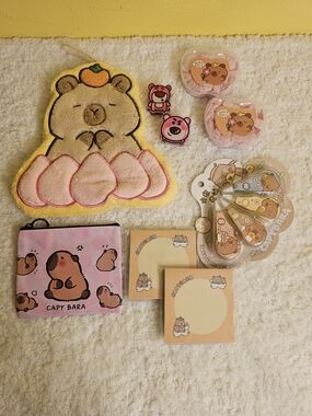 Capybara Plush Face Cloth and Cute Capybara Stationery Set - Yellow & Pink #52